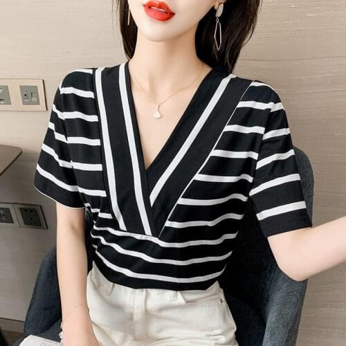 Fashion New stripe V collar Tops Women Casual Short Sleeve Tees Summer Splicing Woman T-shirt black White stripe T-shirt