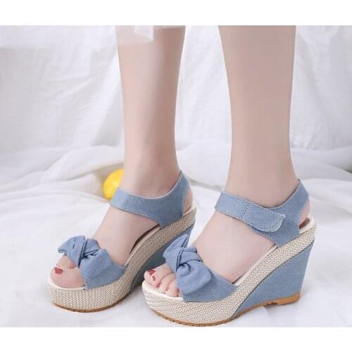 Fashion Summer Sandals for Women Denim 10cm High Heel Pump Wedges Bowtie Female Designer Zapatillas mujer