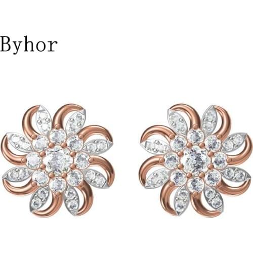 Byhor Solid 14K White/Yellow+White/Rose+White Gold 0.878ct H/SI Natural Diamond Fine Jewelry Wedding Flower Stud Earrings Cерьги