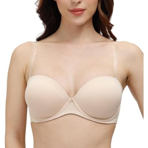 YANDW Strapless Bra Convertible Ladies Adjusted Straps Underwire Padded Push Up Underwire Brassiere Plunge Solid Bras For Women