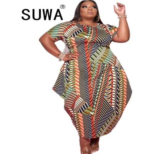 Wholesale Women Color Striped Printing Irregular Dress Plus Size XL-5XL O-Neck Short Sleeve Side Split Mid-Calf Dresses