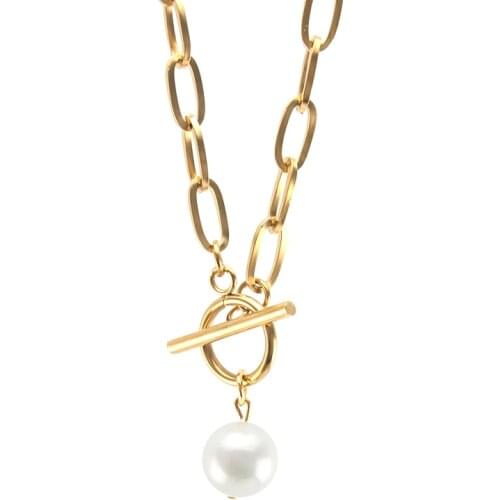 Natural Shell Pearl Necklace For Women OT buckle Chunky Chain Necklace Stainless Steel Heavy Duty Chain Choker Collier Collar