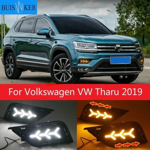 2Pcs LED DRL Daytime Running Light Daylights For Volkswagen VW Tharu 2019 With Yellow Turn Signal Fog Lamp Cover night blue
