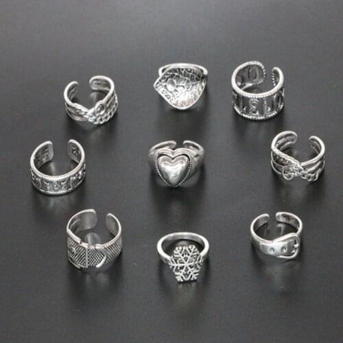 5Pcs Sliver Vintage Goth Rings Set Adjustable Double Lyers Letter Number Women Party Accessories Girl Gift Jewelry Female New