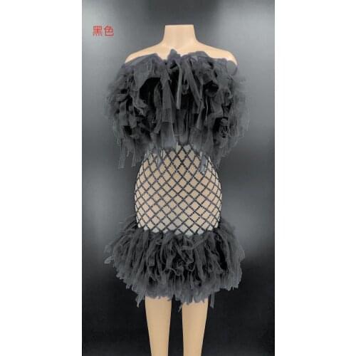 7 Colors Rhinestones Lace Dress Women Party Birthday Dress Night Club Outfits Mesh See Through Strapless Clubwear Stage Wear