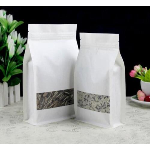 Free 50Pcs White Big Capability Stand-up Kraft Paper Food Packaging Bag with Window, Pouch for Food Nuts Cookie Candy Baking Tea