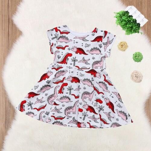 Free shipping Kids Baby Girls Cartoon Dinosaur Short Sleeve Casual Dress Outfits Summer