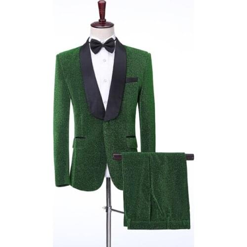 Performance Shiny Green Men Suits 2 Pcs Black Lapel Costum Homme Marriage Groom Wedding Wear Terno Masculino Slim fit Blazer