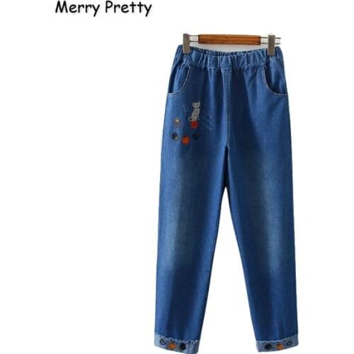 Merry Pretty Women Jeans Pants Cartoon Cat Embroidery Pockets Denim Pants Elastic Waist Straight Harajuku Jean Pants Girl Jeans