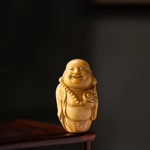Wood Carving Maitreya Buddha Laughing Buddha Boxwood Ornaments Wood Wenwan Handicraft Home Decoration
