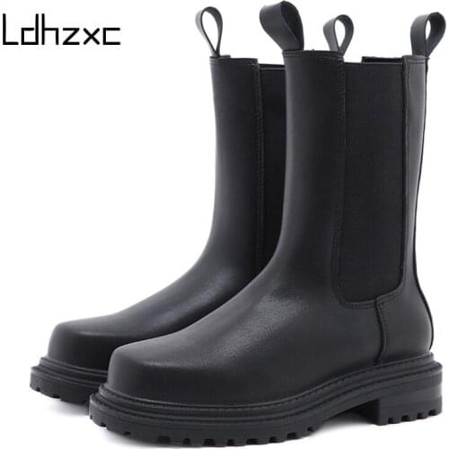 LDHZXC 2020 Platform Low Heels Motorcycle Boots winter Black Women Ankle Boots Elastic Opening Female Short Boots Round Toe