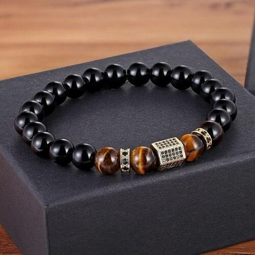 Matte Onyx Stone&Tiger Eye Combination Stitching with Cubic Zircon Hand Jewelry Beads Bracelet Elastic Stretch Men Bracelet