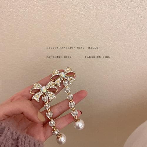 Cute Full Rhinestone Bow Pearl Long Tassel Drop Earrings for Women Glossy Arc Geometric Korean Earring Fashion Jewelry 2021 New