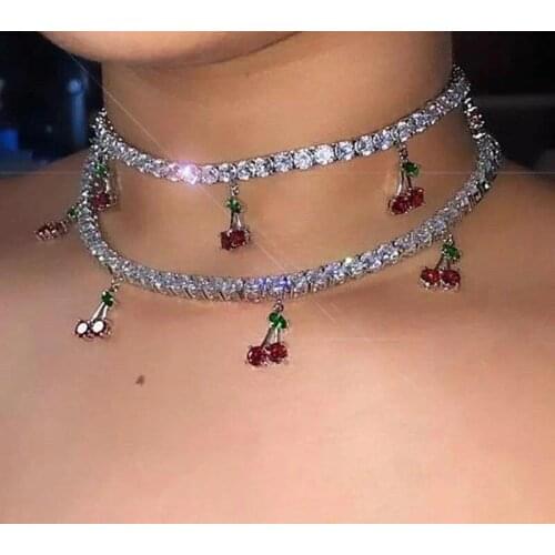 New Hiphop Cherry Pendant Tennis Chain Necklace Best Choker Party Judi Crystal Jewelry for Women Man Friendship Best Girl Gifts