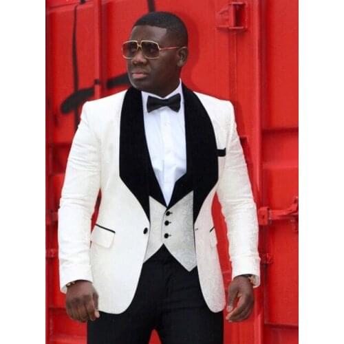New Design One Button Ivory Embossing Groom Tuxedos Shawl Lapel Groomsmen Mens Wedding Prom Suits (Jacket+Pants+Vest+Tie) NO:28