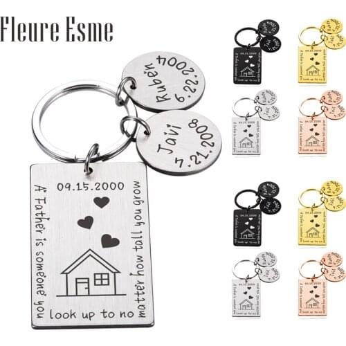 Personalized Keychain Double Pendant Carved Name Date Square Silver Key chains A Gift for Mom and Dad Family Car Key Pendant