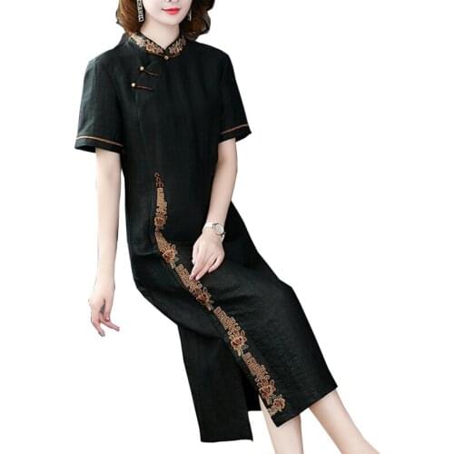 2021New Natural Silk Fabric Dress Woman Vintage Embroidered Loose Cheongsam Summer Dresses Vestidos Befree 4XLFC601