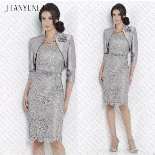 Mother of the Bride Dresses 2021 Knee Length Mother Dress 3/4 Sleeve Lace Beads Jacket Evening Gown Vestido Madre Novia Prom