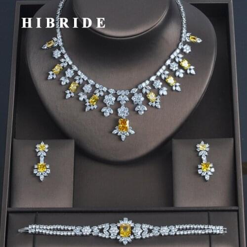 HIBRIDE 3 PCS Luxury Yellow Cubic Zirconia Women Jewelrt Sets Bridal Fashion Jewelry Wedding Party Necklace Set N-335