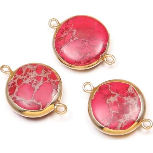 Natural Stone Double hole Connectors Round Rose Red Emperor Stone Pendant for Jewelry Making DIY Necklace Bracelet Accessories