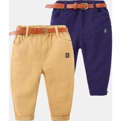 2021 Spring Autumn Casual 2-10 Years Navy Blue Khaki Solid Color Cotton Child Baby Kids Boys Trousers Pants With Leather Belt