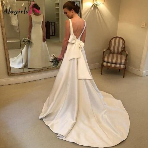 Vintage bow backless satin wedding dress 2020 Scoop tank robe de mariee Elegant sweep train vestidos formales plus size