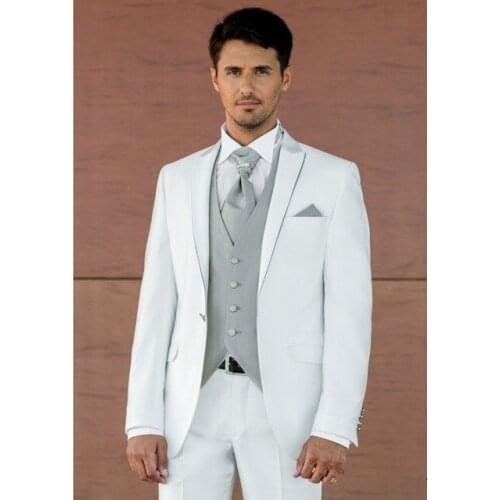 High Quality One Button White Groom Tuxedos Peak Lapel Groomsmen Mens Wedding Prom Suits (Jacket+Pants+Vest+Tie) NO:59