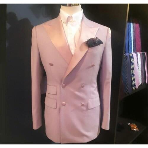Hot Pink Double Breasted Mens Suits 2 Pieces Groom Best Man Pants Suit Business Wedding Tailored Blazer Jacket (Jacket+Pants)