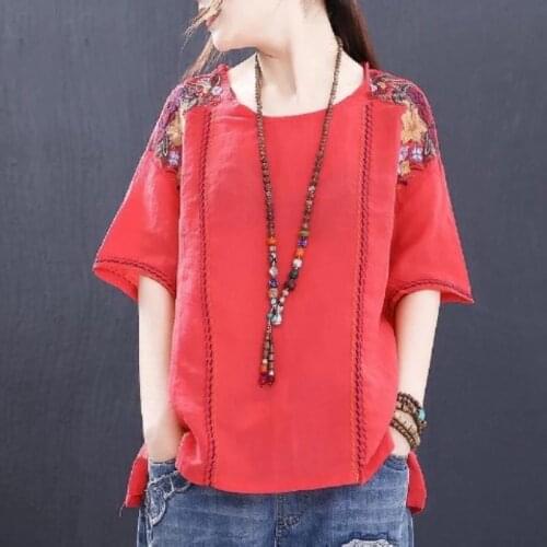 Aransue New Linen Short Sleeve T-Shirt Thin Round Neck Embroidered Womens Top RETRO Art Loose Fashion Summer Clothing