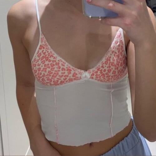 Women Summer Sleeveless V-Neck Top Leopard Print Lace Patchwork Camisole Sexy See-Through Mesh Sweet Bow Sling Vest