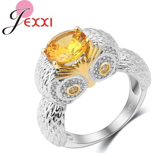New Arrival lovely Owl Finger Rings Shiny Yellow Gold Color for Women 925 Sterling Silver Jewelry Female Anillos