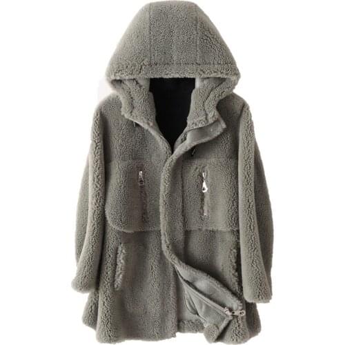 Real Wool Fur Coat Jacket With Hoody Autumn Winter Women Fur Trench Outerwear Coats VF7076