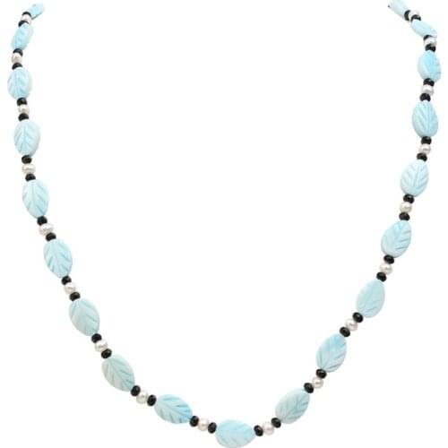 Free shipping 70cm single row sky blue shell leaf natural white real pearl beaded handmade long women sweater necklace wedding