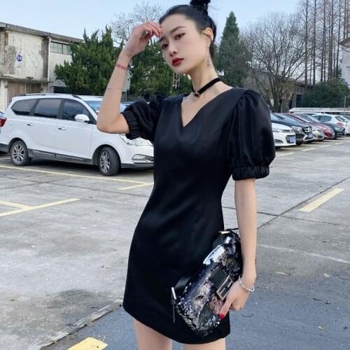 Black Women Dress V-Neck Lantern sleeve Slim fit Fit Fashion Spring Women dress vintage Fashion Tide New 2020