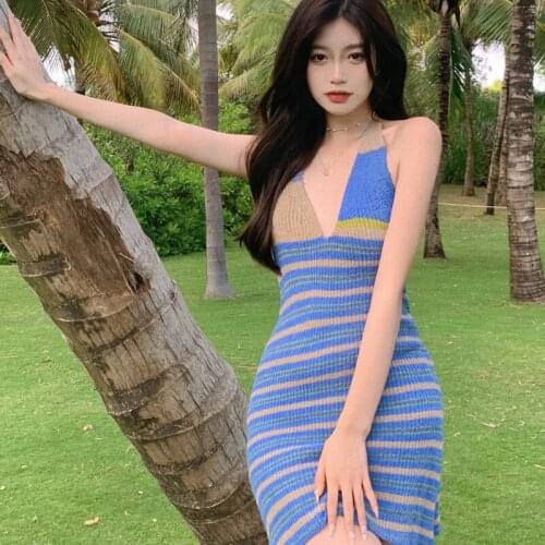 2021Print Knit Bodycon Dress Women Blue Y2K Summer Hollow Out Sexy Sleeveless Spaghetti Strap Beach Midi sexy Dresses Party robe