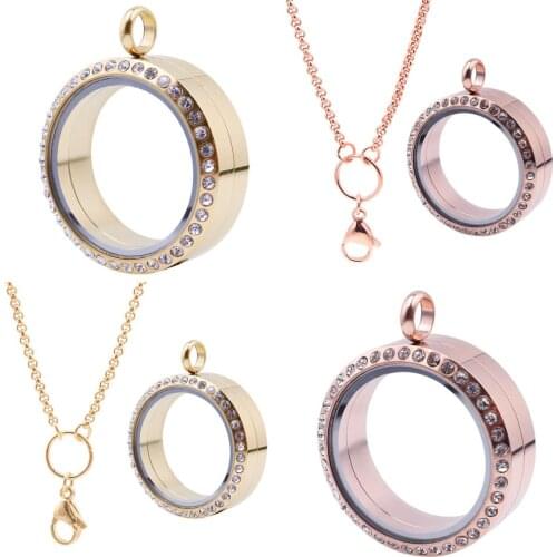 1pcs Rose Golden 30MM Stainless Steel Twist Waterproof Glass living Memory Rhinestones Locket pendant Necklace for 8mm Pearl