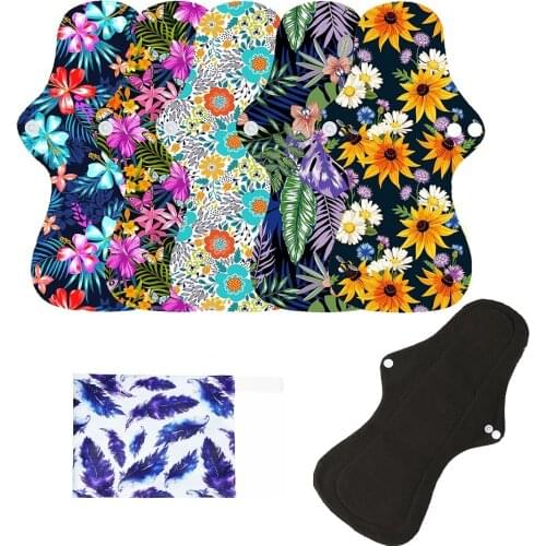 6Pcs ( 5+1Set )Heavy Flow almohadilla sanitaria Menstrual Pads Set Resualable Bamboo Charcoal Mum Cloth Pads Night Use