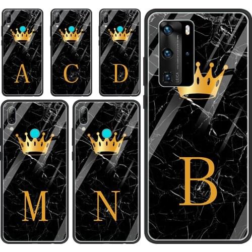 Gold Crown Letter Queen A-N Glass Case For Huawei P30 P40 P20 P10 Lite Pro Plus P Smart 2019 2020 2021 Capa Silicon Back Shell