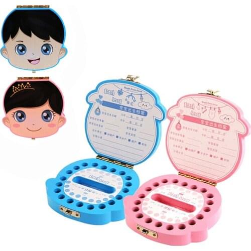 Lovely Girl/Boy Wooden Baby Teeth Box English /Spanish Milk Teeth Umbilical Organizer Storage Boys Girls Souvenir Case Baby Gift