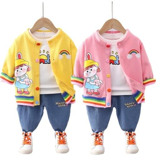 2-5 Years Old Baby Girls Clothing Set Autumn Cartoon Little Girl Rainbow Coat+Shirt+Jeans 3Pcs Suit For Kids Children Clothes