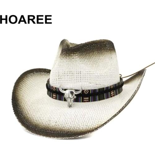 HOAREE Men Sun Hat Cowboy Vintage Bull Head Summer Hats Women Breathable Beige Bowknot British Straw Panama Hats And Caps