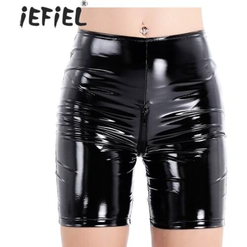 IEFiEL Sexy Womens Welook Patent Leather Zippered Crotch Tight Evening Nightclub Party Costumes Dancing Knee Length Short