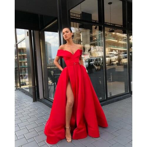 Red Muslim Evening Dresses A-line Off The Shoulder Slit Sexy Plus Size Islamic Dubai Saudi Arabic Long Evening Gown Prom