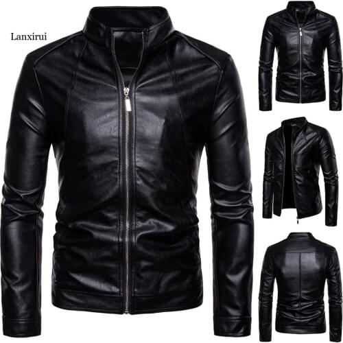 Mens Slim Jacket Fashion Solid Color Motorcycle Winter Jackets chaqueta hombre Windproof Black Leather Jacket kurtka skorzana