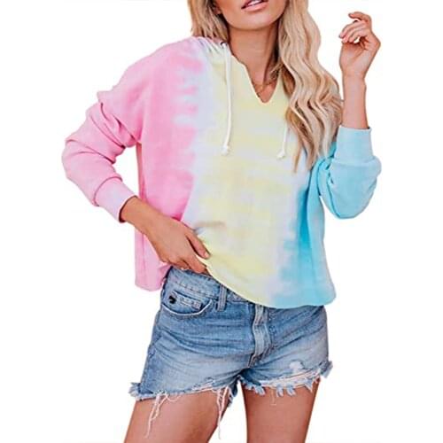 Fashion Women Tie-Dye Colorful Sweatshirt Casual Loose Long Sleeve V-Neck Hooded Pullover Coats Female Hoodie Ladies Clothes