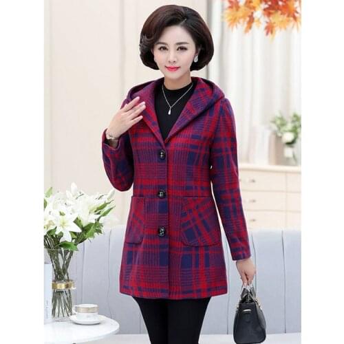 Middle-aged and elderly womens autumn winter mid-length woolen coat plaid coat mom autumn windbreaker 2020 new A684