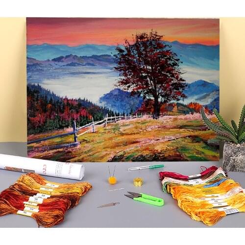 Landscape Late Autumn Printed Canvas 11CT Cross Stitch Full Kit DIY Embroidery DMC Threads Knitting Handiwork Stamped