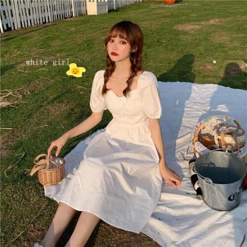 Dress Short-sleeved Solid Color Square Collar Slim Sweet Kawaii Korean Version of All-match Womens Summer New Casual
