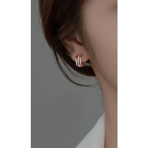 Real. 925 Sterling Silver Fine jewelry White/ Gold Piercing Triple Rows CZ Set Geometric ear hoop huggie earrings C-G9492