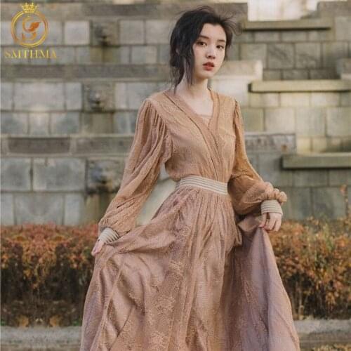 SMTHMA New Autumn Runway Womens Three Pieces Set Lantern Sleeve Solid Floral Lace Hollow Out Mid Calf Elegant Skirt Suit